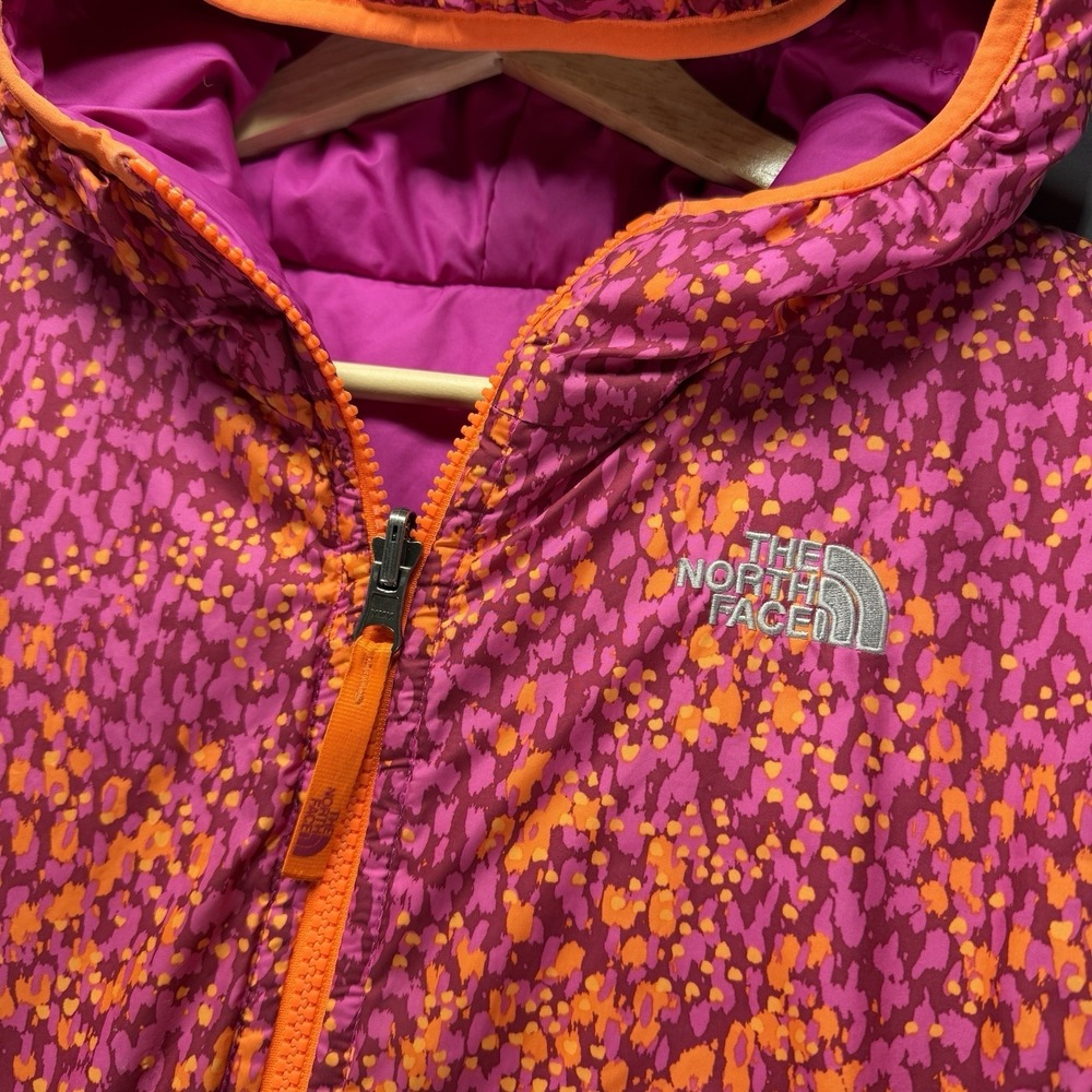 The North Face Puffer Jacket Youth Girls Large Pink Orange Reversible Hooded - Picture 5 of 12